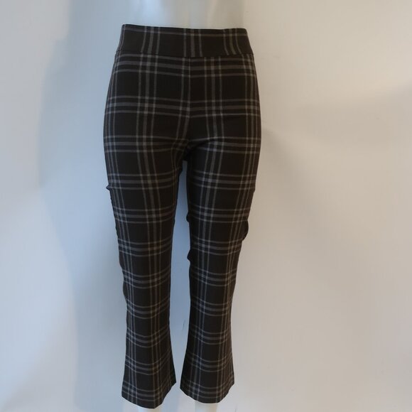 Women Avenue Montaigne Leo Brown White Plaid Flat Front Pull-On Flared Pants 6 - Picture 1 of 6